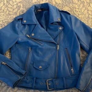 Zara Electric Blue Faux Leather Biker Jacket